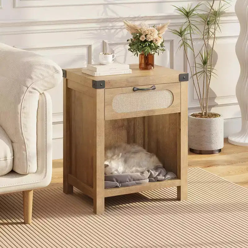 Nightstand with Drawer, Mid-Century Modern Bedside Table C Boho Rattan & Iron Accents, Compact Storage for Bedroom