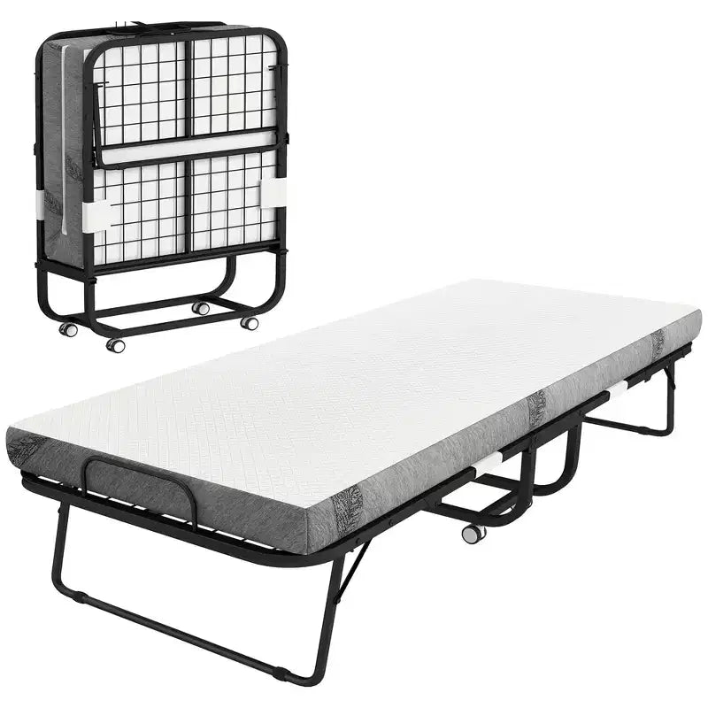 HOMCOM Rollaway Bed, Folding Bed with Mattress, Portable Foldable Guest Bed with Sturdy Metal Frame and Wheels, White