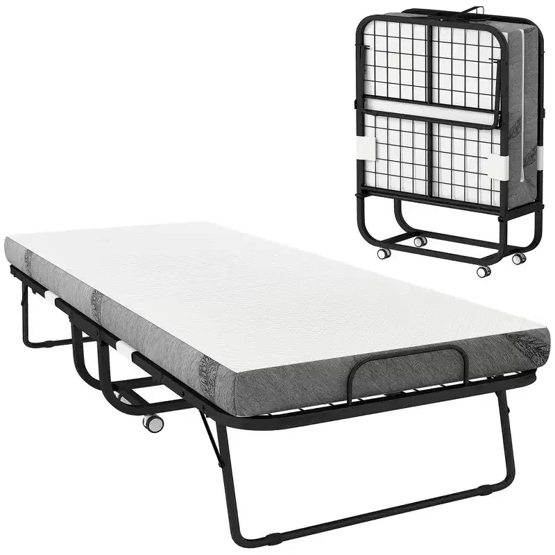 Lit pliant HOMCOM, lit d'appoint avec matelas, lit d'invité pliable et portable avec cadre métallique robuste et roulettes, blanc