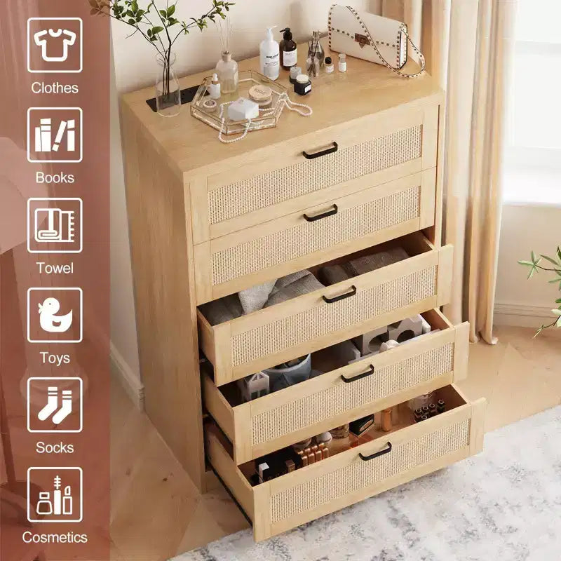 Grande commode en rotin avec 5 tiroirs, commode de rangement spacieuse en bois avec plateau large, commode moderne