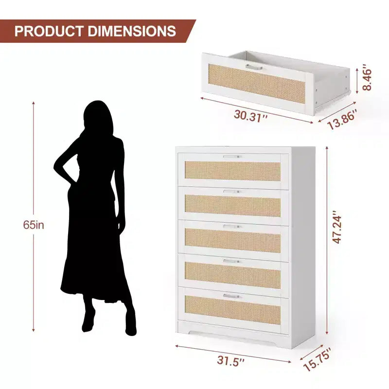 Grande commode en rotin avec 5 tiroirs, commode de rangement spacieuse en bois avec plateau large, commode moderne