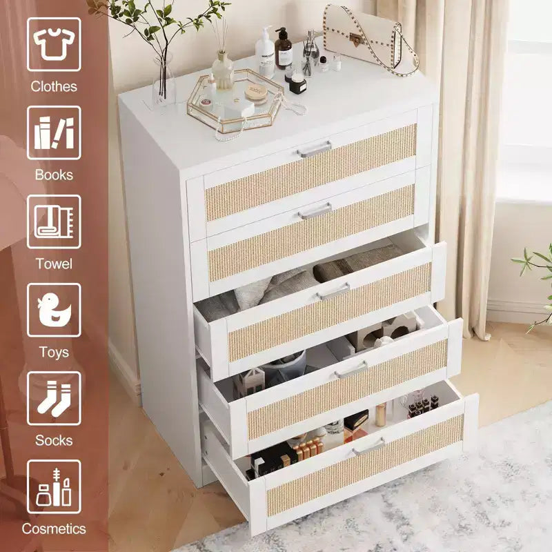 Grande commode en rotin avec 5 tiroirs, commode de rangement spacieuse en bois avec plateau large, commode moderne