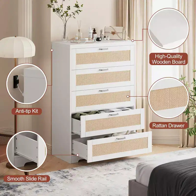 Grande commode en rotin avec 5 tiroirs, commode de rangement spacieuse en bois avec plateau large, commode moderne