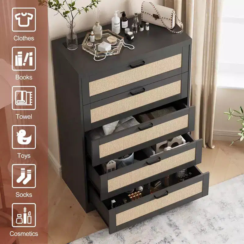 Grande commode en rotin avec 5 tiroirs, commode de rangement spacieuse en bois avec plateau large, commode moderne