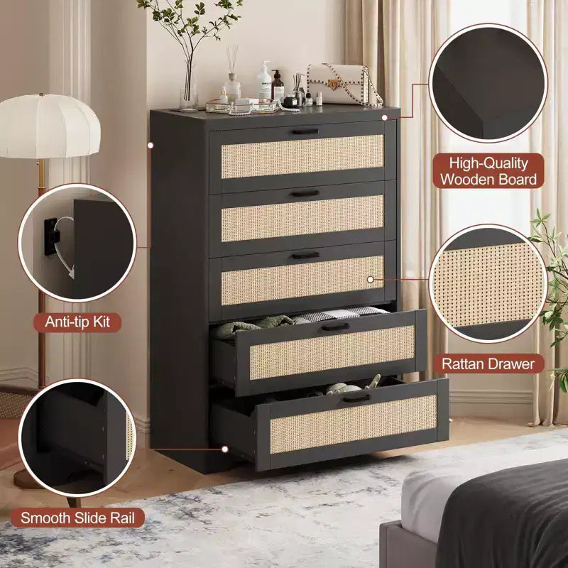 Grande commode en rotin avec 5 tiroirs, commode de rangement spacieuse en bois avec plateau large, commode moderne