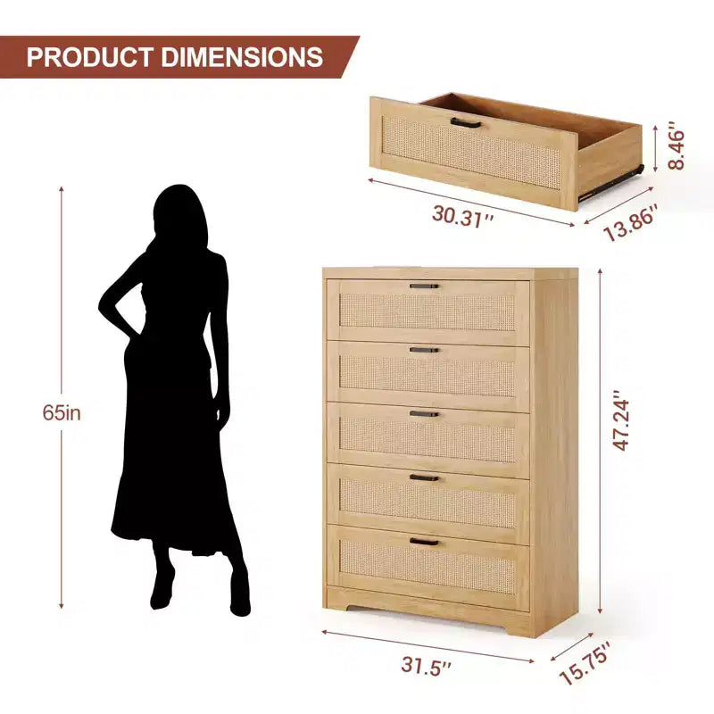 Grande commode en rotin avec 5 tiroirs, commode de rangement spacieuse en bois avec plateau large, commode moderne
