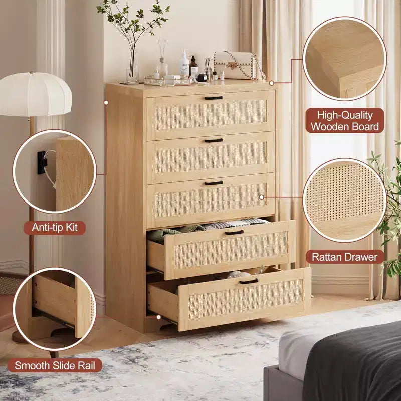 Grande commode en rotin avec 5 tiroirs, commode de rangement spacieuse en bois avec plateau large, commode moderne