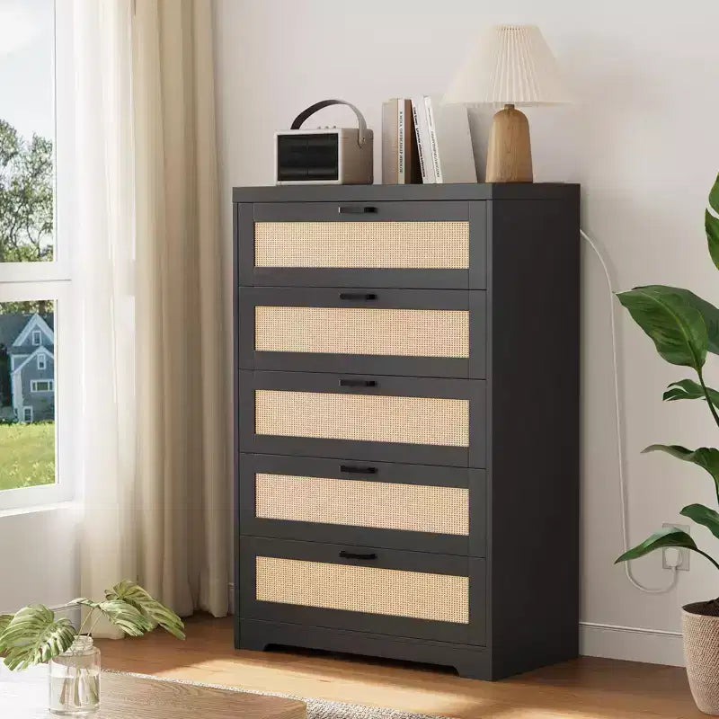 Tall Rattan Dresser with 5 Drawers,Wooden Spacious Storage Chest of Drawers with Wide Top, Modern Dresser