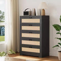 Tall Rattan Dresser with 5 Drawers,Wooden Spacious Storage Chest of Drawers with Wide Top, Modern Dresser