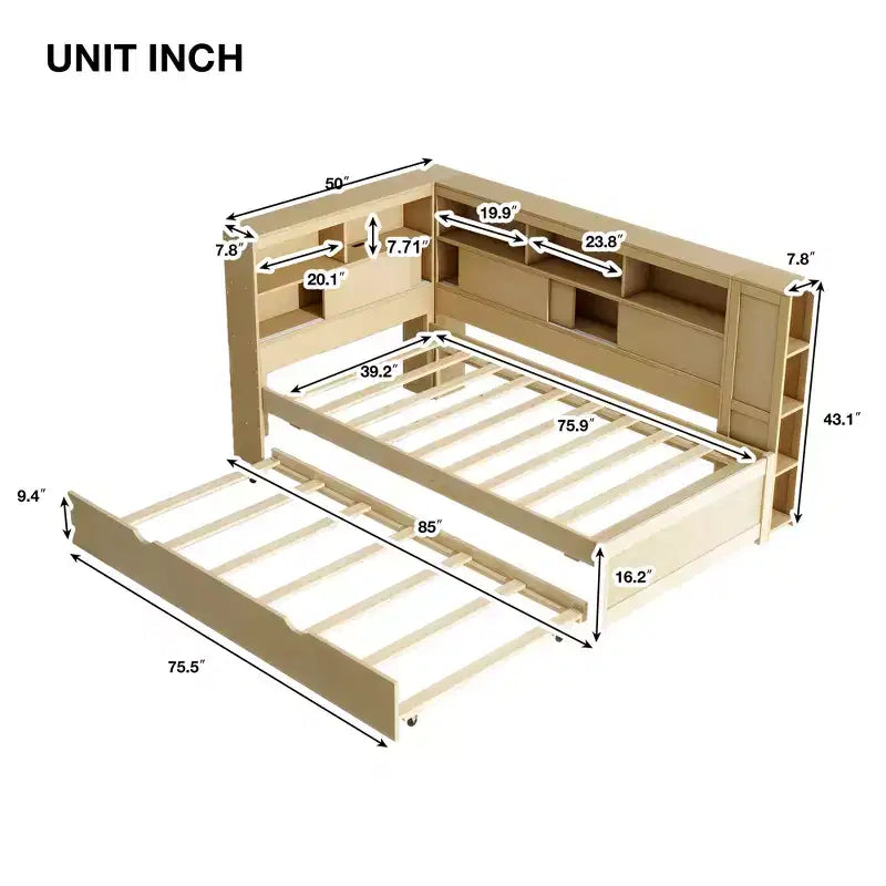 Lit de repos double en bois Whisen avec étagères de rangement et lit gigogne