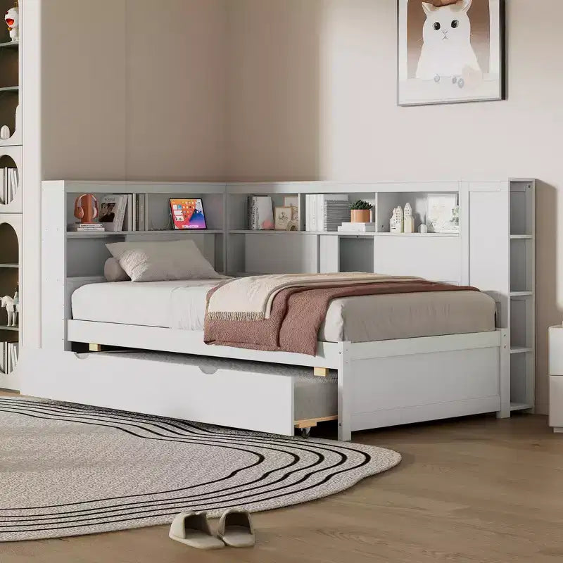 Lit de repos double en bois Whisen avec étagères de rangement et lit gigogne