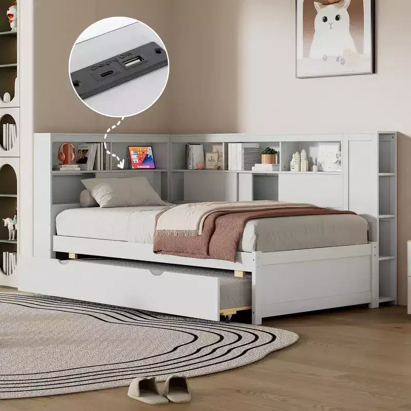 Lit de repos double en bois Whisen avec étagères de rangement et lit gigogne