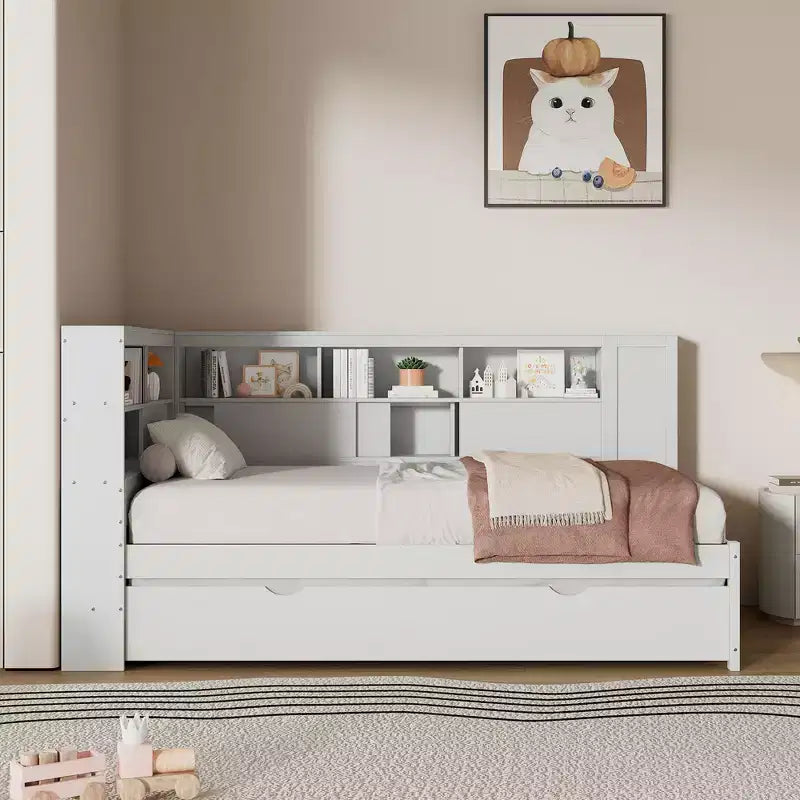 Lit de repos double en bois Whisen avec étagères de rangement et lit gigogne