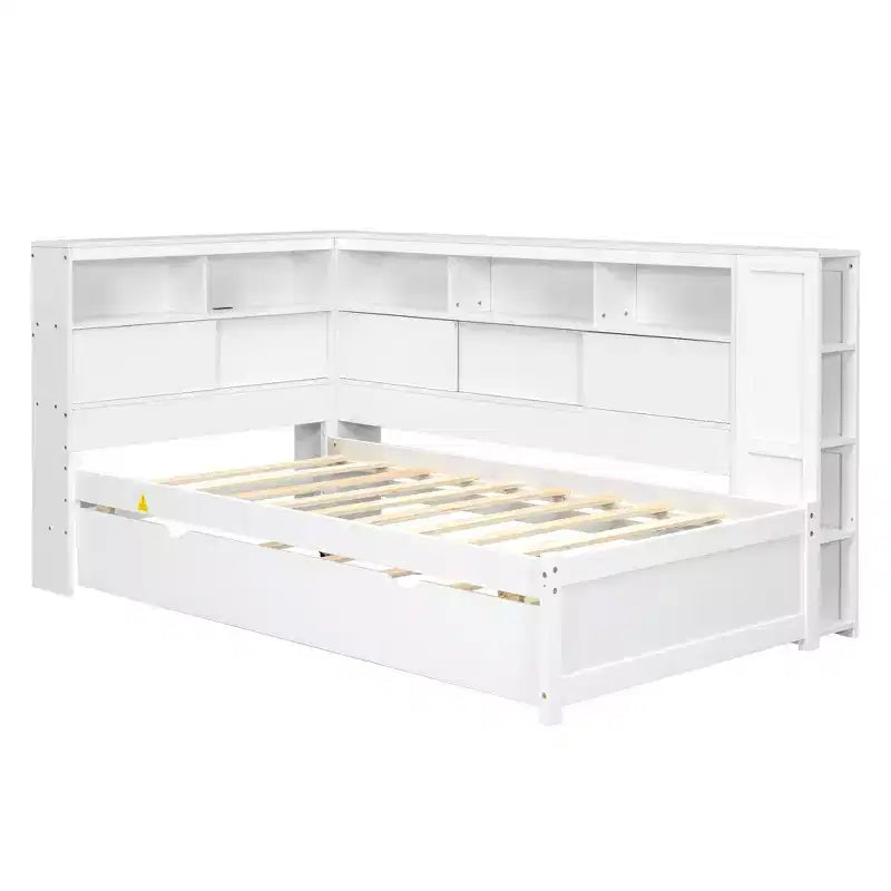 Lit de repos double en bois Whisen avec étagères de rangement et lit gigogne