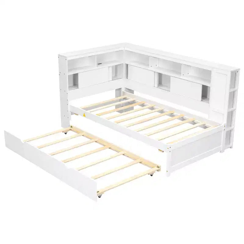 Lit de repos double en bois Whisen avec étagères de rangement et lit gigogne