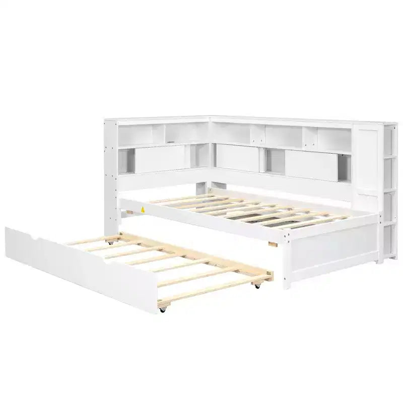 Lit de repos double en bois Whisen avec étagères de rangement et lit gigogne