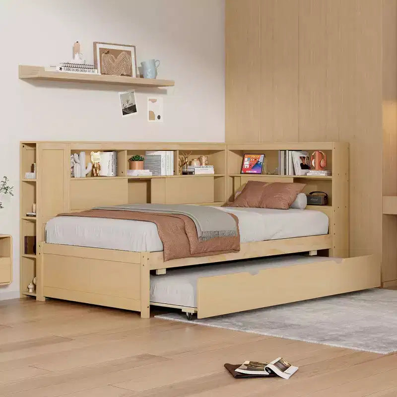 Lit de repos double en bois Whisen avec étagères de rangement et lit gigogne