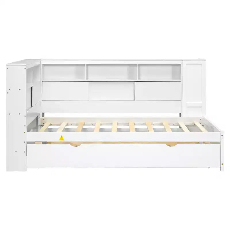 Lit de repos double en bois Whisen avec étagères de rangement et lit gigogne