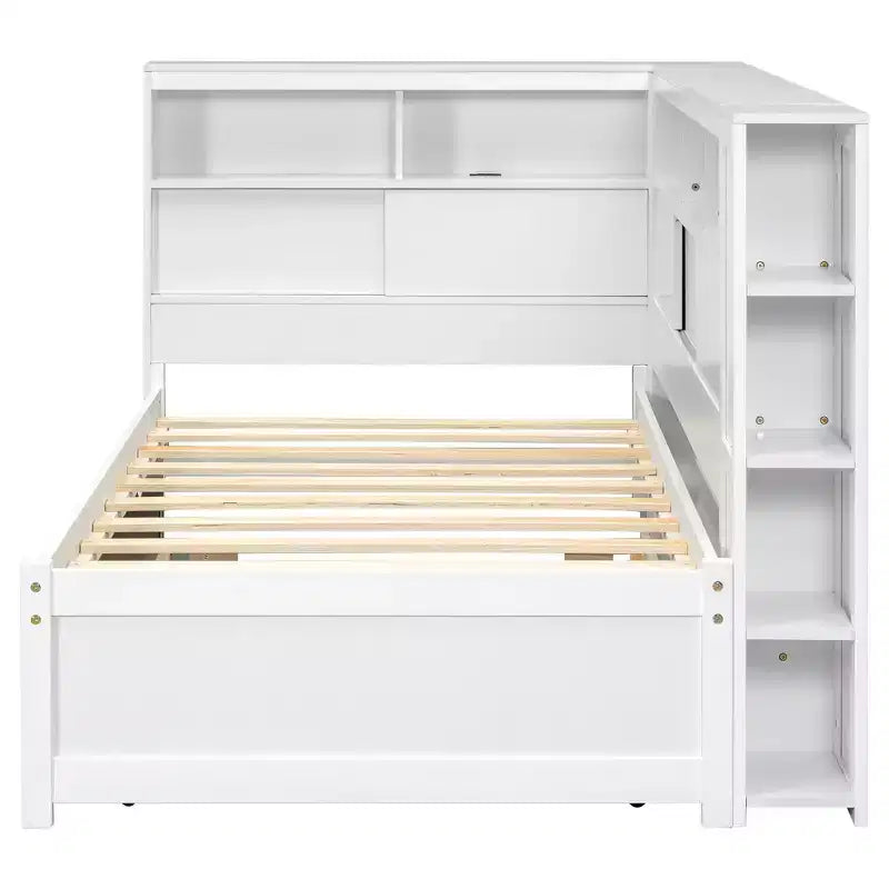 Lit de repos double en bois Whisen avec étagères de rangement et lit gigogne