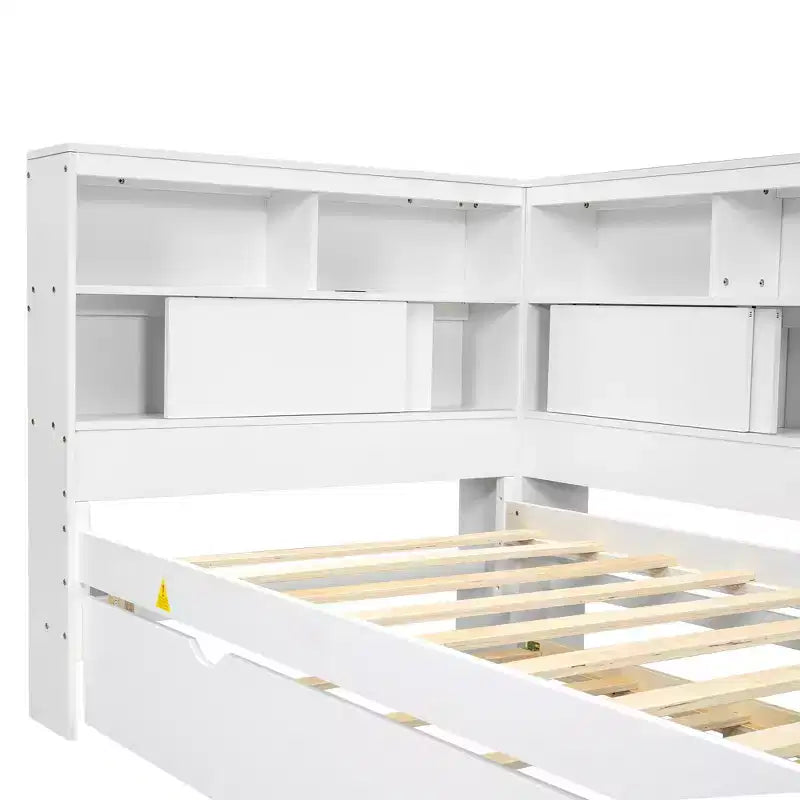 Lit de repos double en bois Whisen avec étagères de rangement et lit gigogne