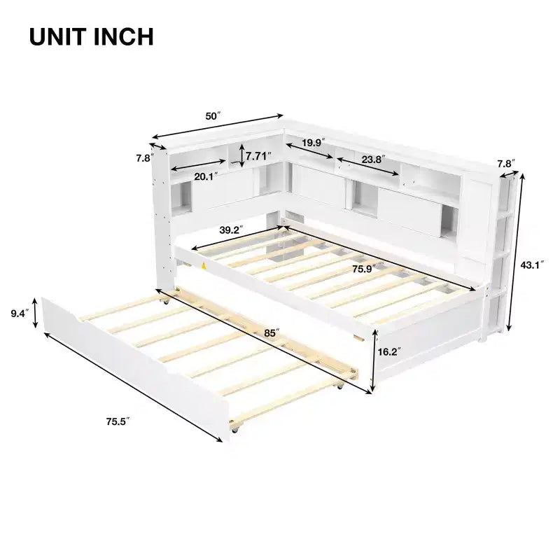 Lit de repos double en bois Whisen avec étagères de rangement et lit gigogne