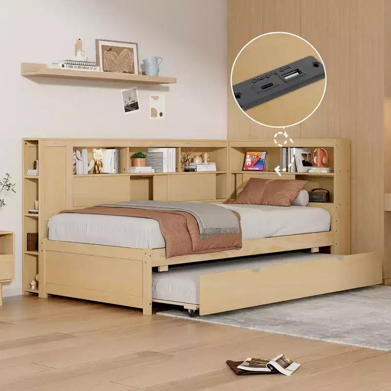 Lit de repos double en bois Whisen avec étagères de rangement et lit gigogne