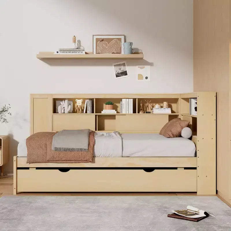 Lit de repos double en bois Whisen avec étagères de rangement et lit gigogne