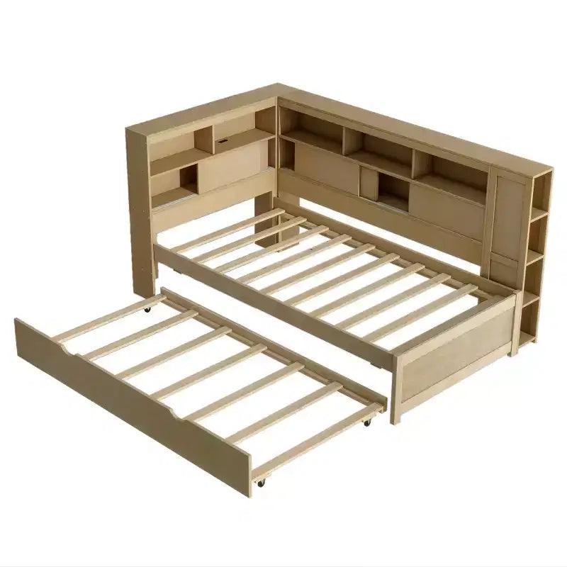 Lit de repos double en bois Whisen avec étagères de rangement et lit gigogne