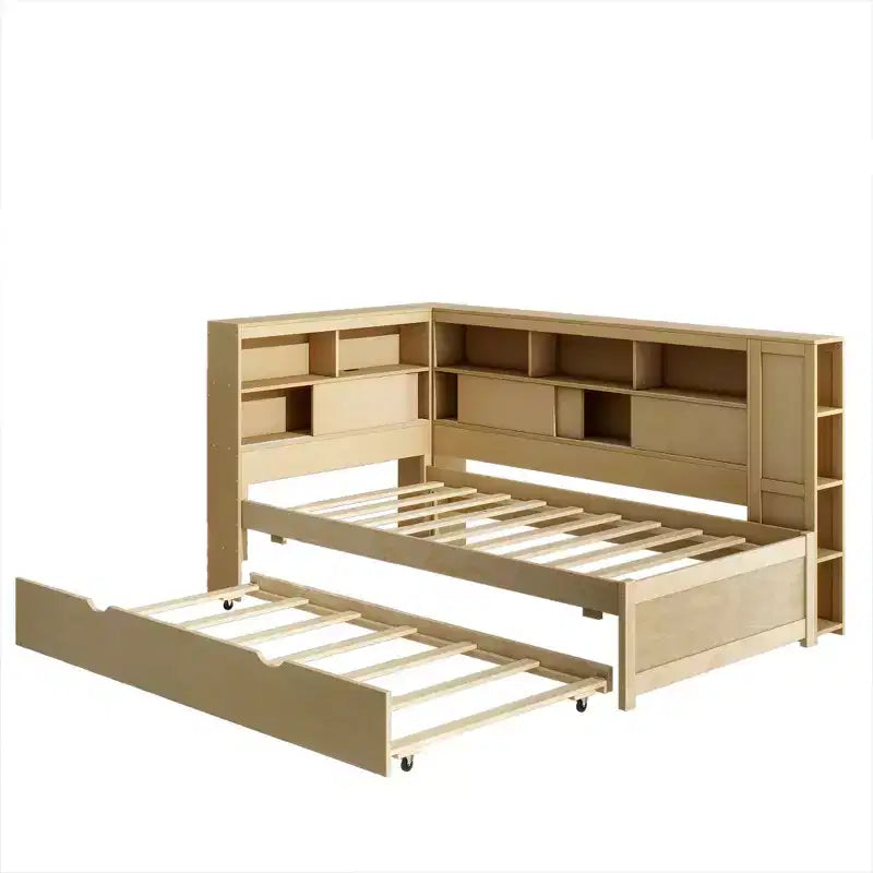 Lit de repos double en bois Whisen avec étagères de rangement et lit gigogne