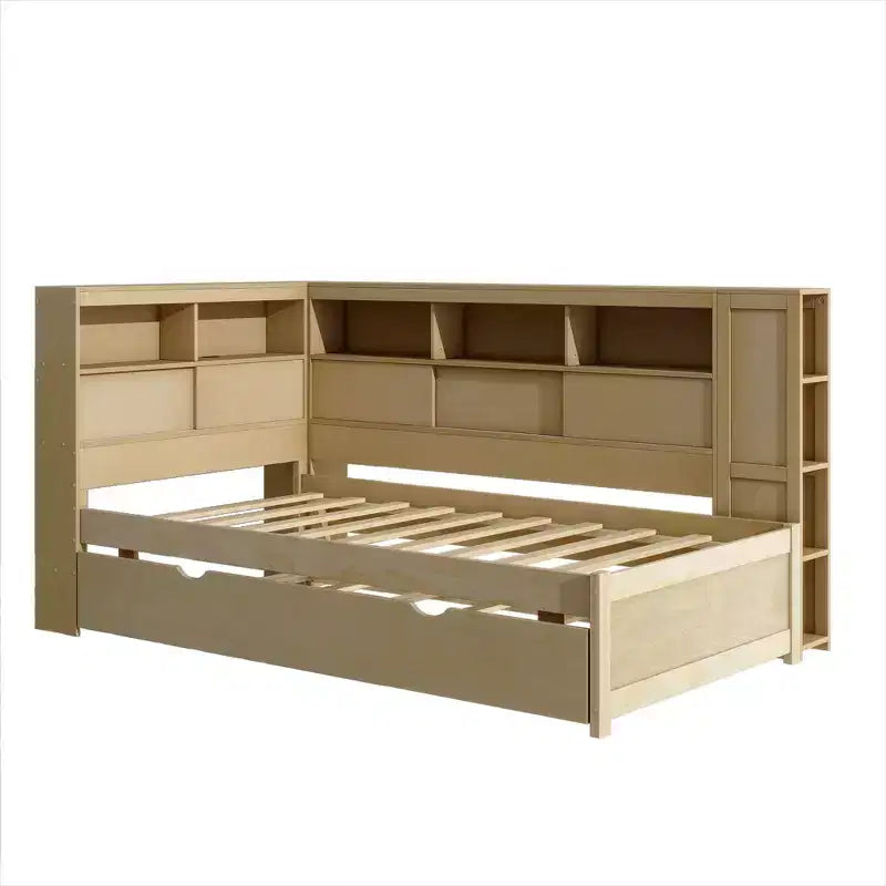 Lit de repos double en bois Whisen avec étagères de rangement et lit gigogne