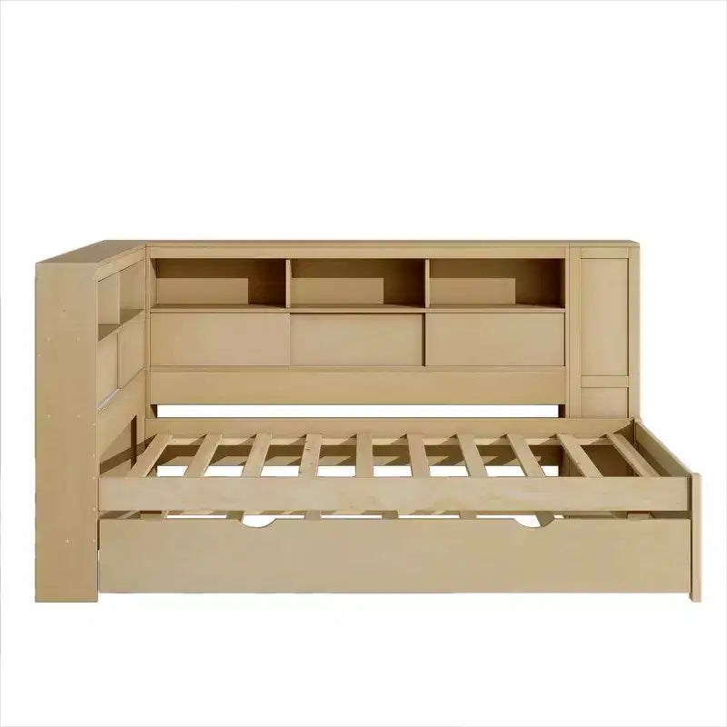 Lit de repos double en bois Whisen avec étagères de rangement et lit gigogne