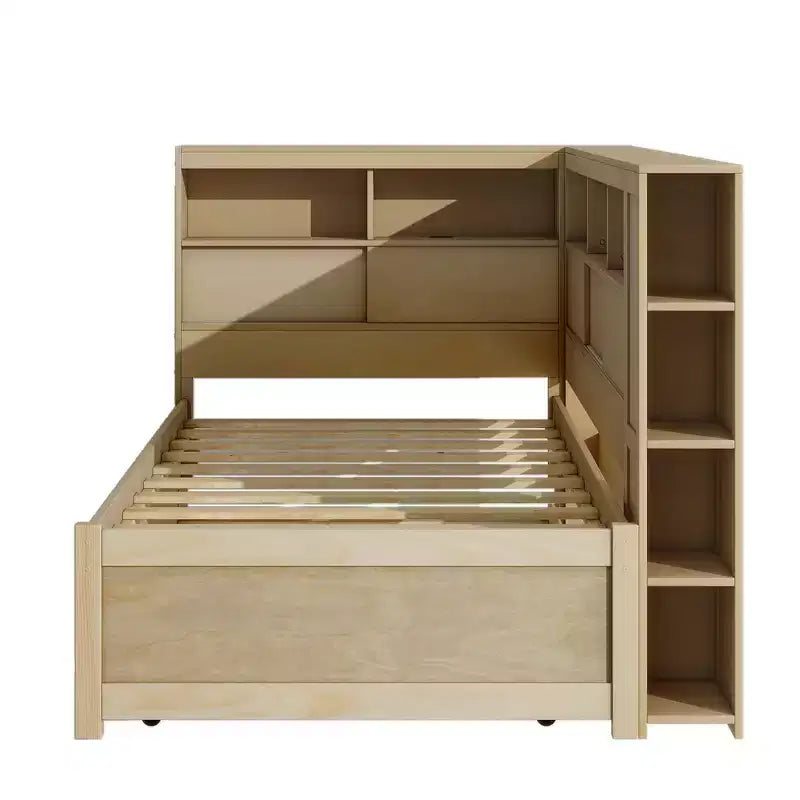 Lit de repos double en bois Whisen avec étagères de rangement et lit gigogne