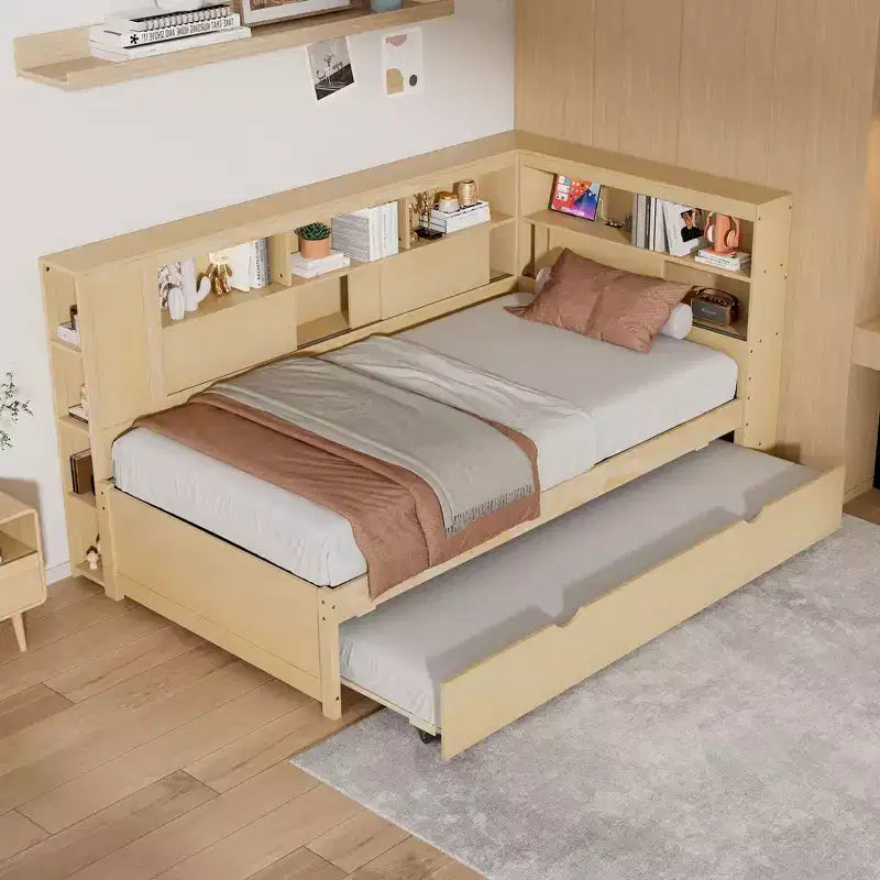Whisen Twin Wood Daybed with Storage Shelves & Trundle