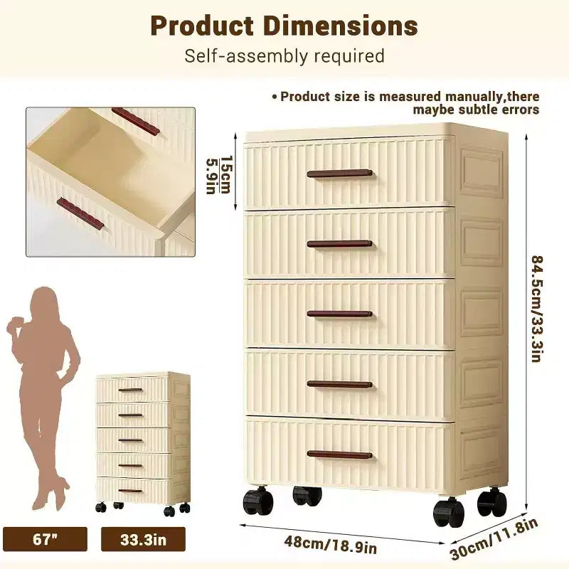 5 Tiers Plastic Drawer Storage On Wheels, Storage Chest of Drawers Tall Dresser, Pull Out Storage Bins for Bedroom Living Room Entryway Hallway
