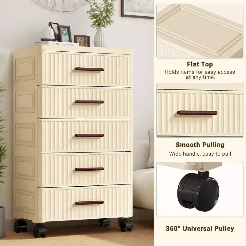5 Tiers Plastic Drawer Storage On Wheels, Storage Chest of Drawers Tall Dresser, Pull Out Storage Bins for Bedroom Living Room Entryway Hallway