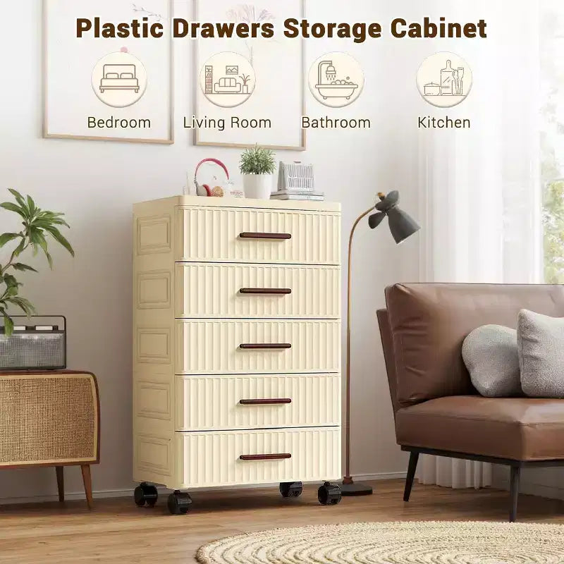 5 Tiers Plastic Drawer Storage On Wheels, Storage Chest of Drawers Tall Dresser, Pull Out Storage Bins for Bedroom Living Room Entryway Hallway
