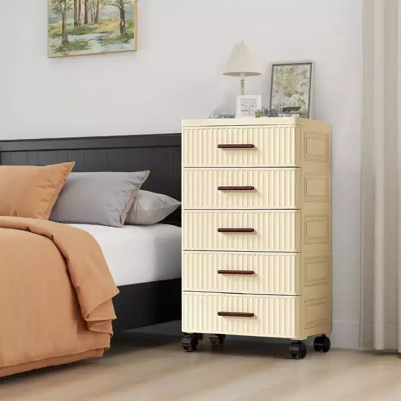 5 Tiers Plastic Drawer Storage On Wheels, Storage Chest of Drawers Tall Dresser, Pull Out Storage Bins for Bedroom Living Room Entryway Hallway
