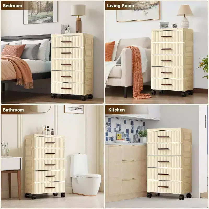 5 Tiers Plastic Drawer Storage On Wheels, Storage Chest of Drawers Tall Dresser, Pull Out Storage Bins for Bedroom Living Room Entryway Hallway