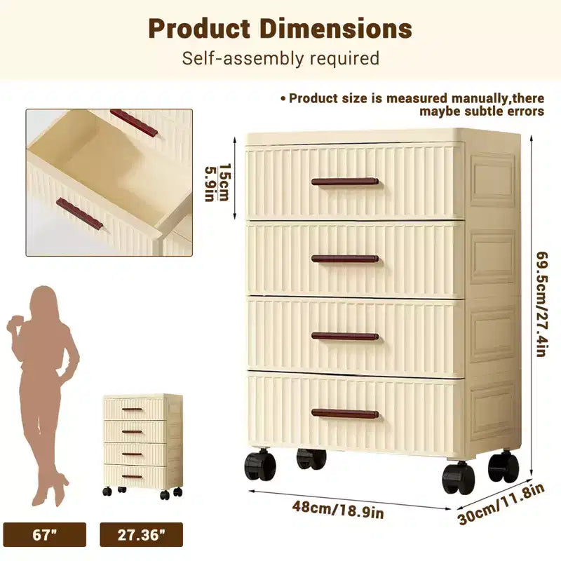 5 Tiers Plastic Drawer Storage On Wheels, Storage Chest of Drawers Tall Dresser, Pull Out Storage Bins for Bedroom Living Room Entryway Hallway