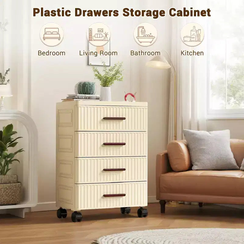 5 Tiers Plastic Drawer Storage On Wheels, Storage Chest of Drawers Tall Dresser, Pull Out Storage Bins for Bedroom Living Room Entryway Hallway