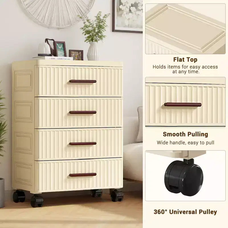 5 Tiers Plastic Drawer Storage On Wheels, Storage Chest of Drawers Tall Dresser, Pull Out Storage Bins for Bedroom Living Room Entryway Hallway