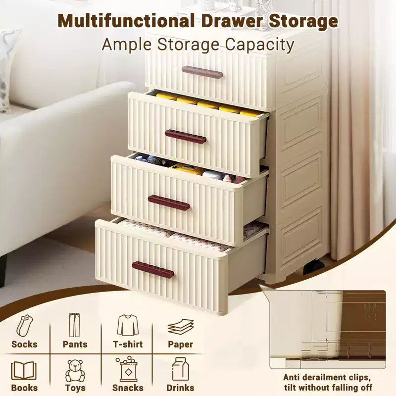 5 Tiers Plastic Drawer Storage On Wheels, Storage Chest of Drawers Tall Dresser, Pull Out Storage Bins for Bedroom Living Room Entryway Hallway
