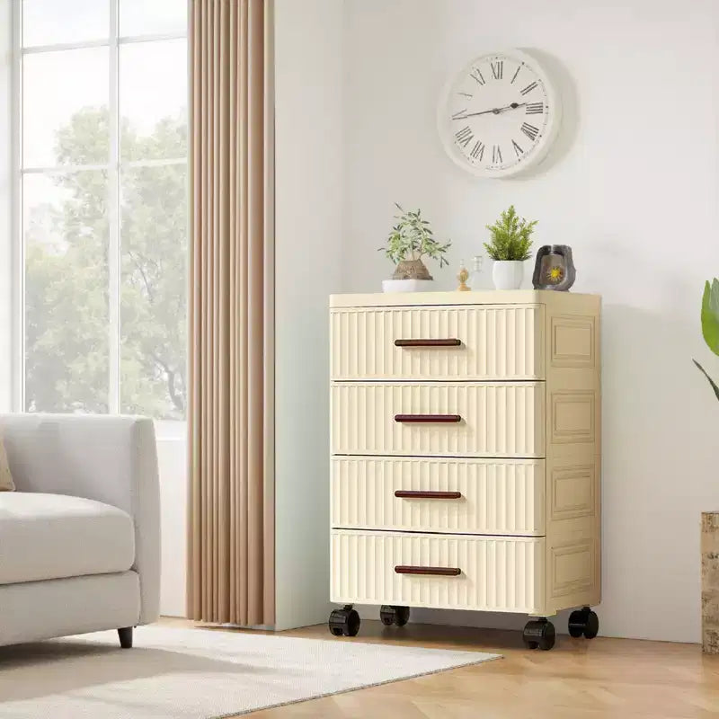 5 Tiers Plastic Drawer Storage On Wheels, Storage Chest of Drawers Tall Dresser, Pull Out Storage Bins for Bedroom Living Room Entryway Hallway