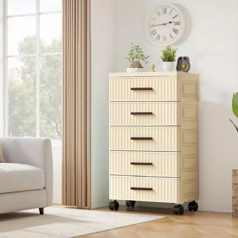 5 Tiers Plastic Drawer Storage On Wheels, Storage Chest of Drawers Tall Dresser, Pull Out Storage Bins for Bedroom Living Room Entryway Hallway