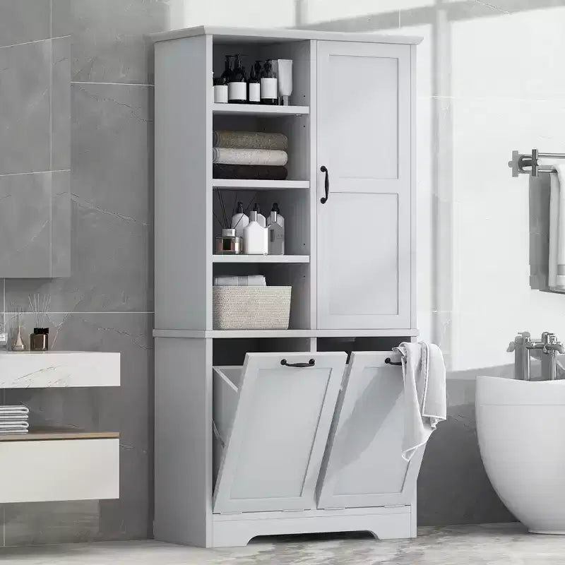 Freestanding Bathroom Storage Cabinet, Tilt-Out Laundry Hamper, Multiple Storage Space, Open Shelve, Adjustable Shelf