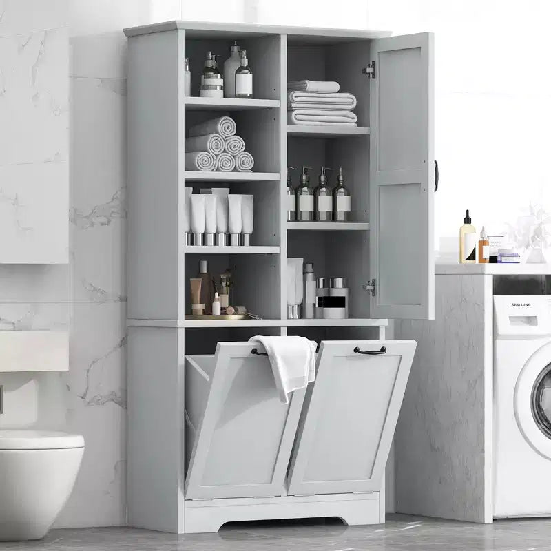 Freestanding Bathroom Storage Cabinet, Tilt-Out Laundry Hamper, Multiple Storage Space, Open Shelve, Adjustable Shelf