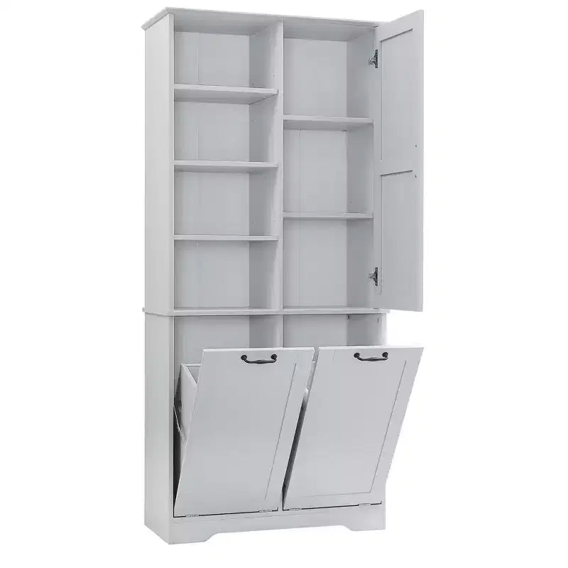 Freestanding Bathroom Storage Cabinet, Tilt-Out Laundry Hamper, Multiple Storage Space, Open Shelve, Adjustable Shelf