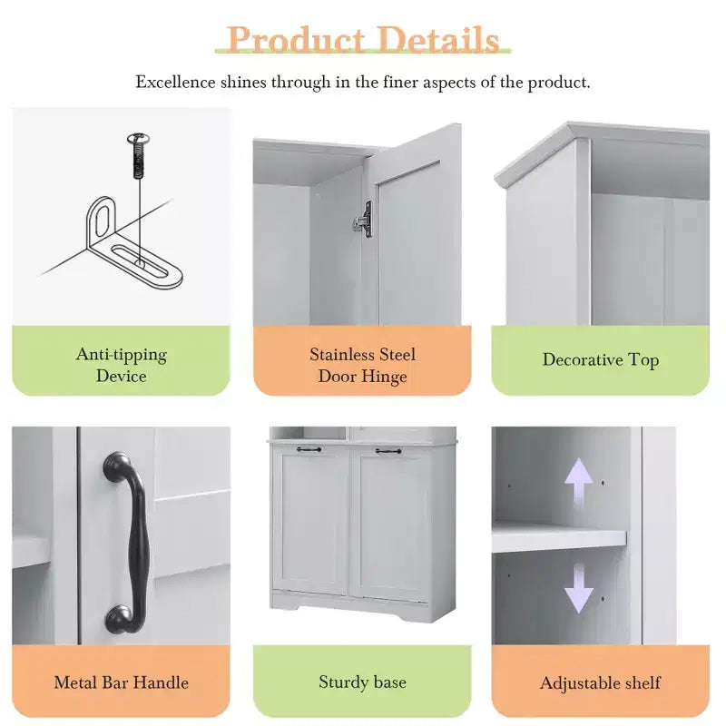 Freestanding Bathroom Storage Cabinet, Tilt-Out Laundry Hamper, Multiple Storage Space, Open Shelve, Adjustable Shelf