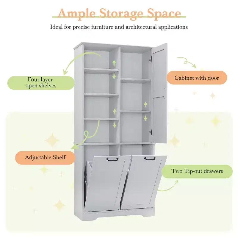 Freestanding Bathroom Storage Cabinet, Tilt-Out Laundry Hamper, Multiple Storage Space, Open Shelve, Adjustable Shelf