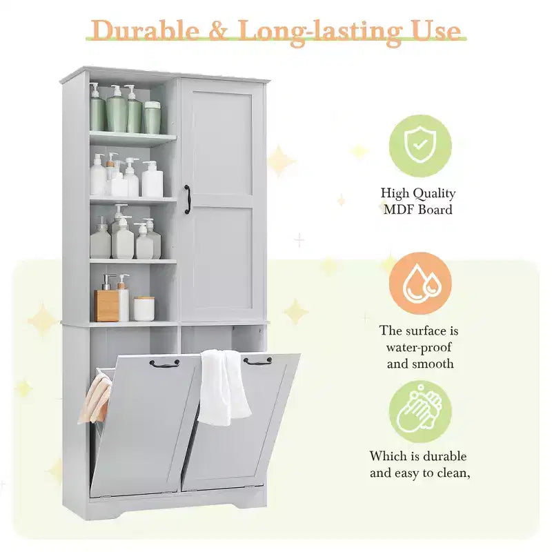 Freestanding Bathroom Storage Cabinet, Tilt-Out Laundry Hamper, Multiple Storage Space, Open Shelve, Adjustable Shelf